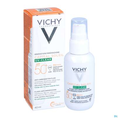 Sie sehen eine Packung Sonnenprodukte Vichy/capital Soleil Uv-clear Lsf50+ 40ml, Produktbild: 06 Sonnenprodukte Vichy/capital Soleil Uv-clear Lsf50+ 40ml, A-Nr.: 5672891 - 06