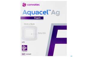 Sie sehen eine Packung Convatec Aquacel Ag Foam (7x7 Cm) 10x10 Cm, Produktbild: 01 Convatec Aquacel Ag Foam (7x7 Cm) 10x10 Cm, A-Nr.: 4154154 - 01