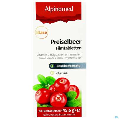 Sie sehen eine Packung Preiselbeer Filmtabl Alpinamed 60st, Produktbild: 01 Preiselbeer Filmtabl Alpinamed 60st, A-Nr.: 3141965 - 01