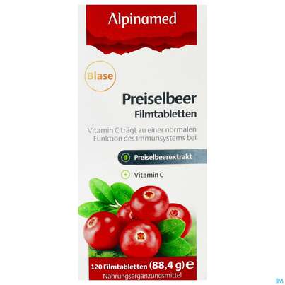 Sie sehen eine Packung Preiselbeer Filmtabl Alpinamed 120st, Produktbild: 01 Preiselbeer Filmtabl Alpinamed 120st, A-Nr.: 3141971 - 01