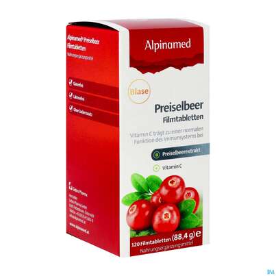 Sie sehen eine Packung Preiselbeer Filmtabl Alpinamed 120st, Produktbild: 02 Preiselbeer Filmtabl Alpinamed 120st, A-Nr.: 3141971 - 02