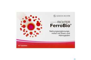 Sie sehen eine Packung Eisen Tabl 18mg Richter Ferrobio 40st, Produktbild: 01 Eisen Tabl 18mg Richter Ferrobio 40st, A-Nr.: 5083723 - 01