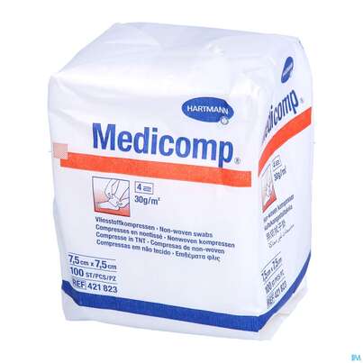 Sie sehen eine Packung Kompressen Medicomp Vliesstoff 4fach Unsteril 7,5x 7,5cm 100st, Produktbild: 03 Kompressen Medicomp Vliesstoff 4fach Unsteril 7,5x 7,5cm 100st, A-Nr.: 1652035 - 03