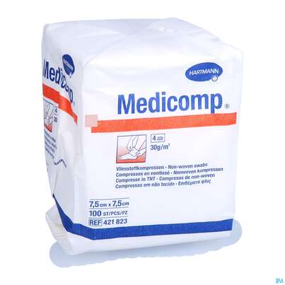Sie sehen eine Packung Kompressen Medicomp Vliesstoff 4fach Unsteril 7,5x 7,5cm 100st, Produktbild: 04 Kompressen Medicomp Vliesstoff 4fach Unsteril 7,5x 7,5cm 100st, A-Nr.: 1652035 - 04